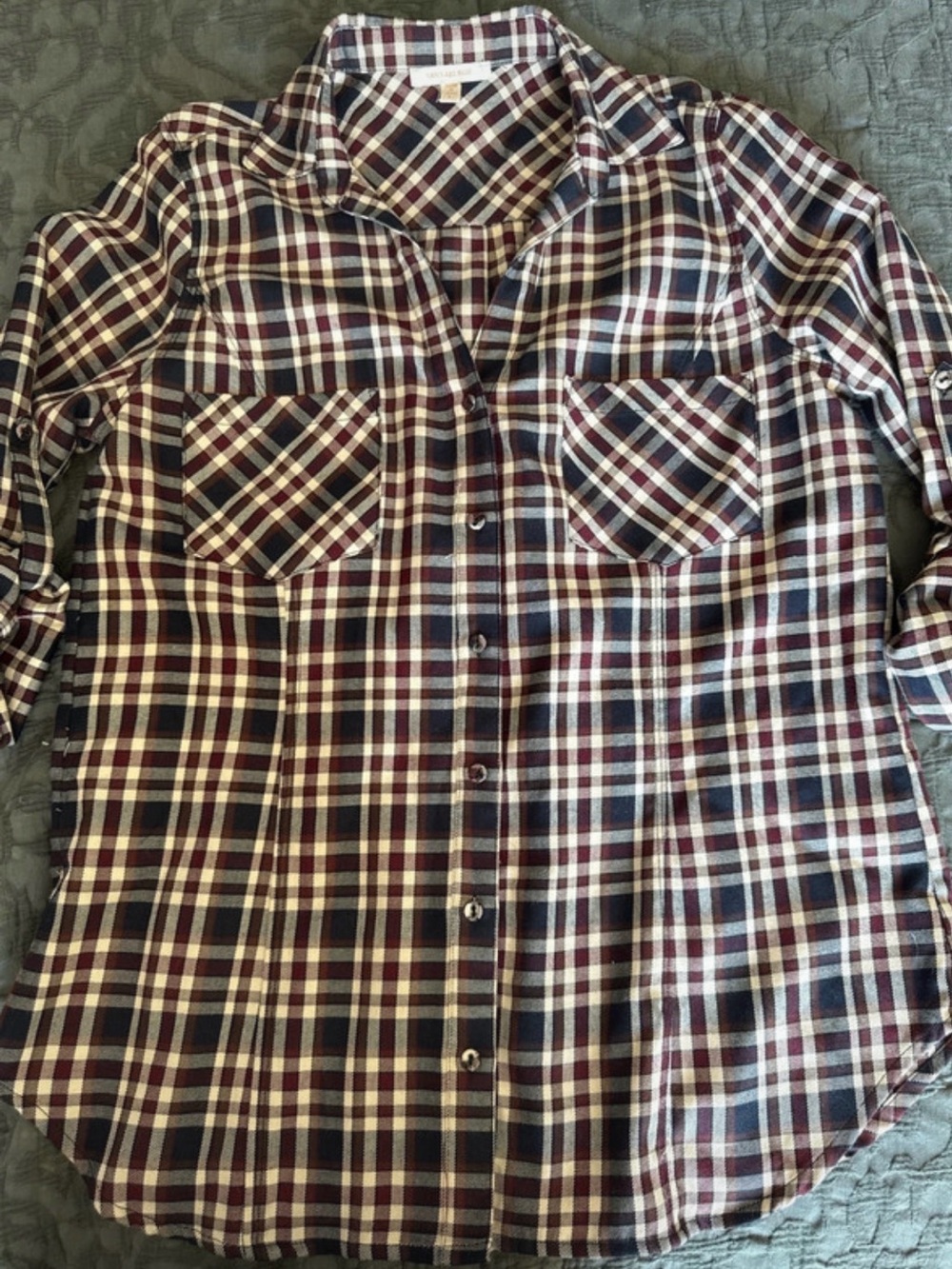 Skies Are Blue Burgundy, Navy & Cream Plaid Button-Up Shirt